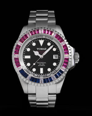 
                  
                    Load image into Gallery viewer, Ultimate Diver GR06-D2 (SIlver/Black) with Pink Blue White Swarovski (Silver Stainless Steel)
                  
                