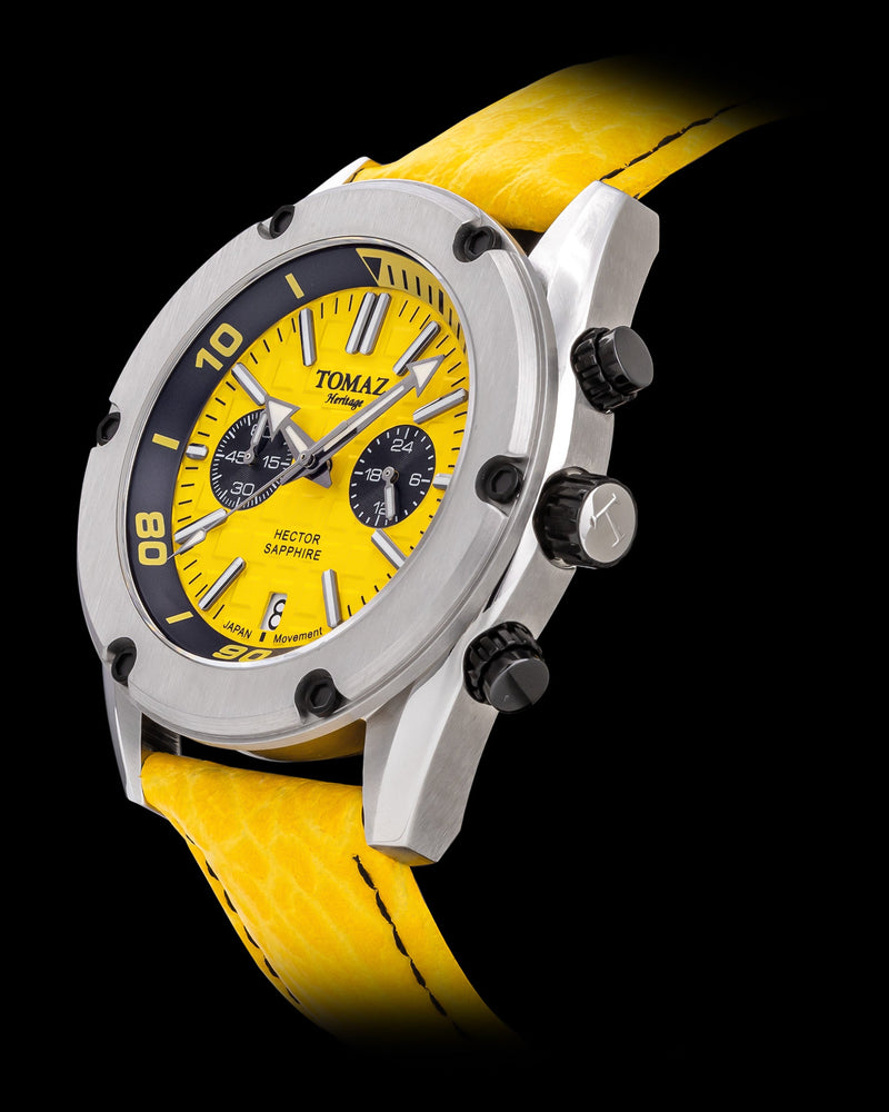 
                  
                    Load image into Gallery viewer, Hector GR04B-D2 (Silver/Yellow) Yellow Leather Strap
                  
                