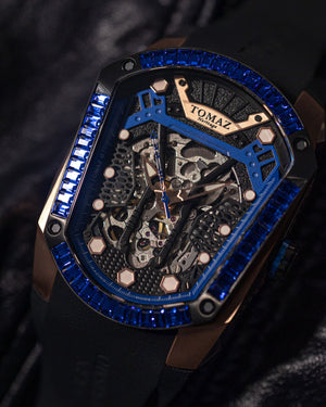 
                  
                    Load image into Gallery viewer, GT Skeleton TW028-D7 (Rosegold/Blue) with Blue Swarovski (Black Rubber Strap)
                  
                