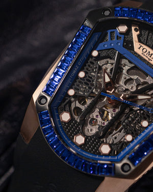 
                  
                    Load image into Gallery viewer, GT Skeleton TW028-D7 (Rosegold/Blue) with Blue Swarovski (Black Rubber Strap)
                  
                