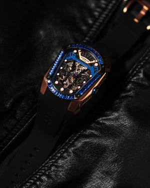 
                  
                    Load image into Gallery viewer, GT Skeleton TW028-D7 (Rosegold/Blue) with Blue Swarovski (Black Rubber Strap)
                  
                