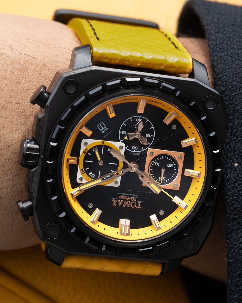 
                  
                    Load image into Gallery viewer, Jezper TQ021B-D2 (Black) with Black Swarovski (Yellow Salmon Leather Strap)
                  
                