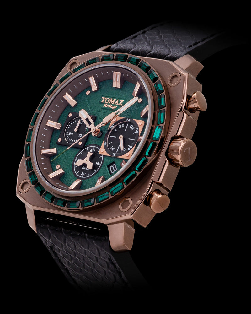 
                  
                    Load image into Gallery viewer, Jezper TQ021B-D4 (Coffee) with Green Swarovski (Black Salmon Leather Strap)
                  
                