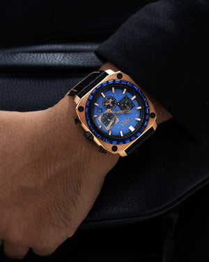 
                  
                    Load image into Gallery viewer, Jezper TQ021B-D6 (Rosegold/Blue) with Blue Swarovski (Black Salmon Leather Strap)
                  
                