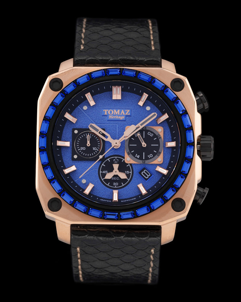 
                  
                    Load image into Gallery viewer, Jezper TQ021B-D6 (Rosegold/Blue) with Blue Swarovski (Black Salmon Leather Strap)
                  
                