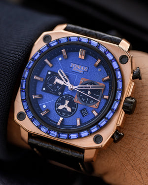 
                  
                    Load image into Gallery viewer, Jezper TQ021B-D6 (Rosegold/Blue) with Blue Swarovski (Black Salmon Leather Strap)
                  
                