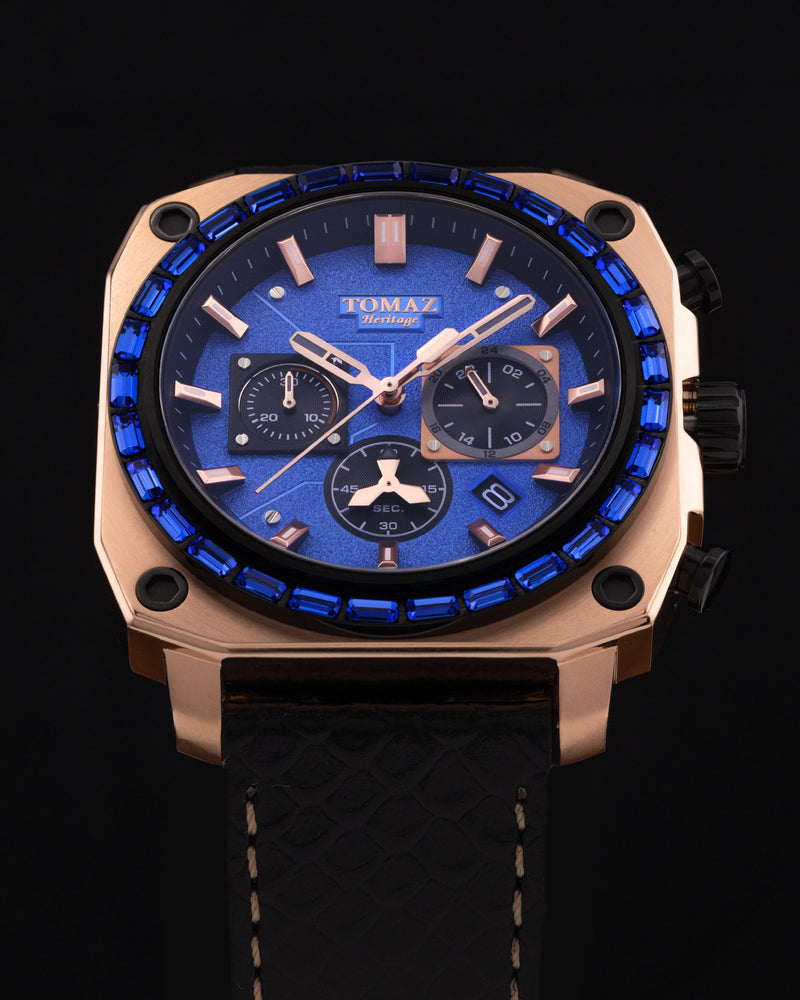 
                  
                    Load image into Gallery viewer, Jezper TQ021B-D6 (Rosegold/Blue) with Blue Swarovski (Black Salmon Leather Strap)
                  
                