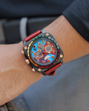 
                  
                    Load image into Gallery viewer, Jezper Iron Men Gauntlet TQ021C-D2 (Black) with Rainbow Swarovski (Red Leather Strap))
                  
                