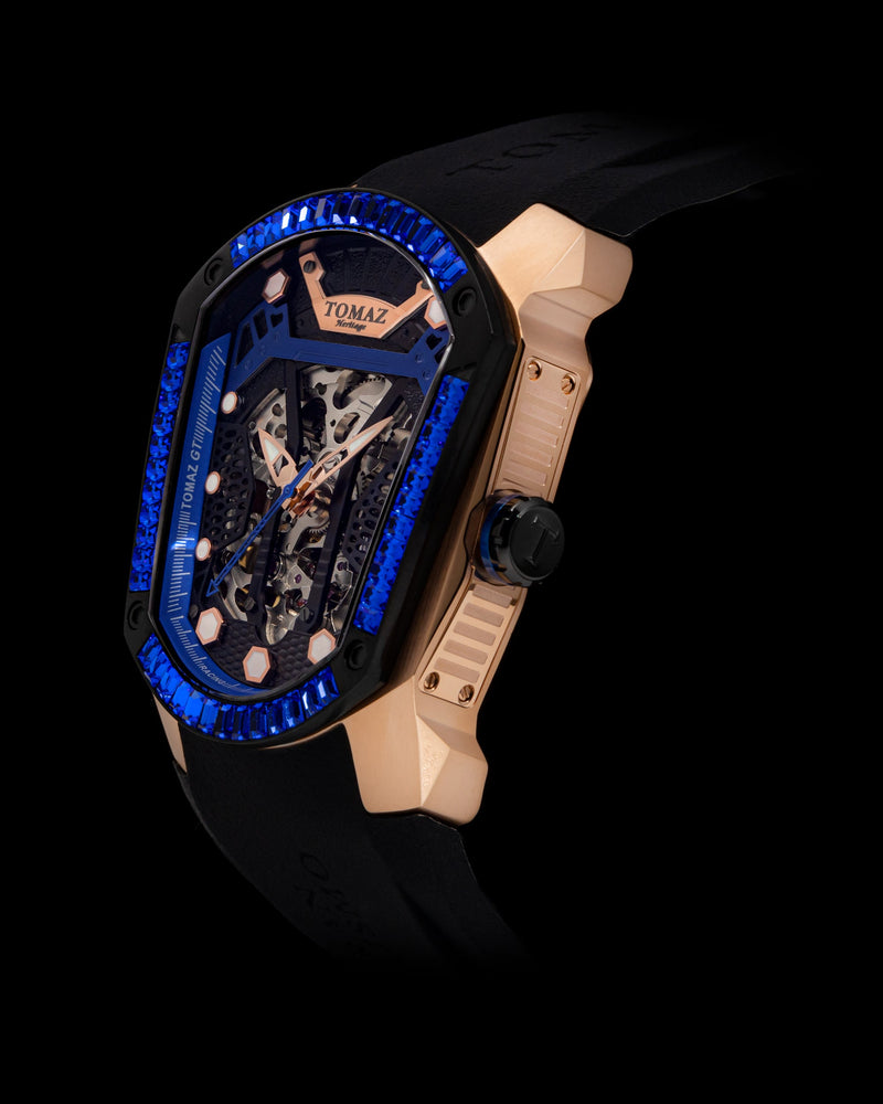 
                  
                    Load image into Gallery viewer, GT Skeleton TW028-D7 (Rosegold/Blue) with Blue Swarovski (Black Rubber Strap)
                  
                