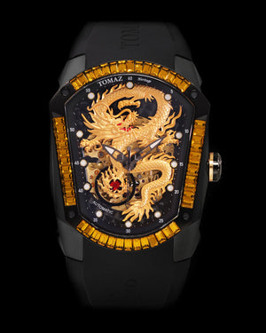 
                  
                    Load image into Gallery viewer, GT Dragon TW028E-D8 (Black) with Yellow Swarovski (Black Rubber Strap)
                  
                