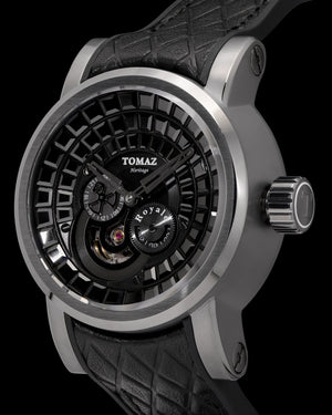 
                  
                    Load image into Gallery viewer, King TW036-D8 Gun Metal (Black) with Black Zirconia Crystal (Black Silicone with Leather Strap)
                  
                